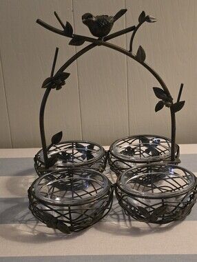 Bird Accent Metal Stand with Four Clear Glass Bowls